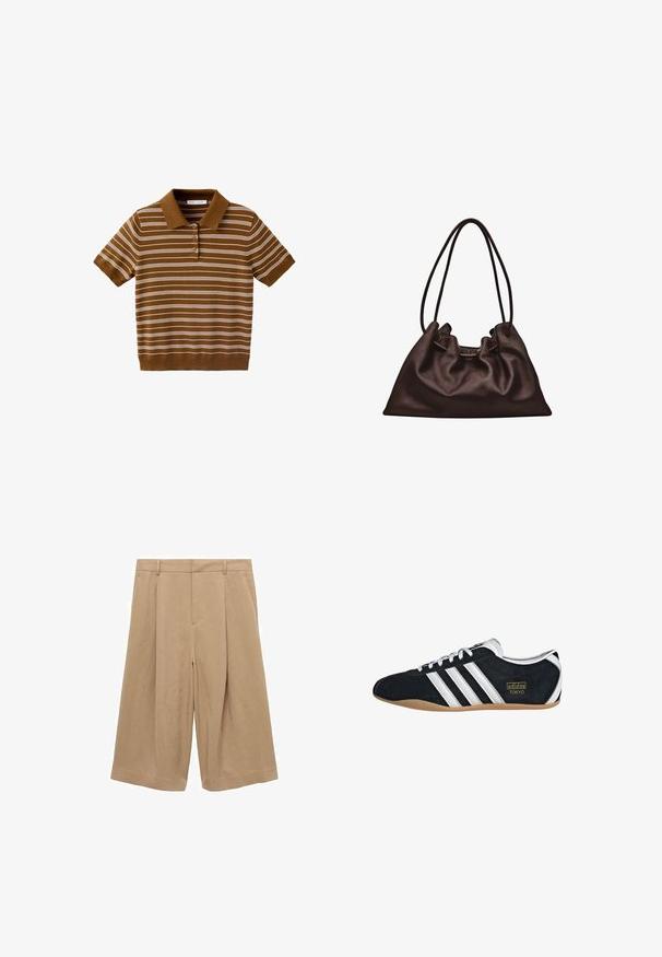 Bruine polo met korte mouwen met witte horizontale strepen en drie knopen aan de voorkant, gemaakt van gebreide stof.; Beige culottes van lichtgewicht stof, met een wijde pijpenstijl, een vlakke voorkant, twee zijzakken en een gladde textuur.; Zwarte suède sneaker met witte drie strepen, gouden logo en een bruine rubberen zool. Heeft een laag profiel vetersluiting ontwerp.; Zachte donkerbruine leren handtas met een slungelige vorm en twee dunne schouderbandjes tegen een witte achtergrond.
