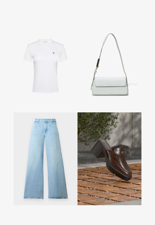 Camiseta blanca de manga corta en tela suave con cuello redondo. Cuenta con un pequeño logotipo negro "ck" en el pecho izquierdo. Corte clásico.; Jeans de pierna ancha de un azul claro, hechos de denim, con una cintura alta, que presentan un cierre de botón y cinco bolsillos. Textura suave con una silueta casual.; Mule con tacón de cuero marrón Calvin Klein flotando sobre un suelo de baldosas de madera con un fondo borroso de planta verde y pared.; Bolso de Calvin Klein en suave cuero verde claro, de forma rectangular con solapa plegable, correa ajustable y detalles de diseño minimalistas.