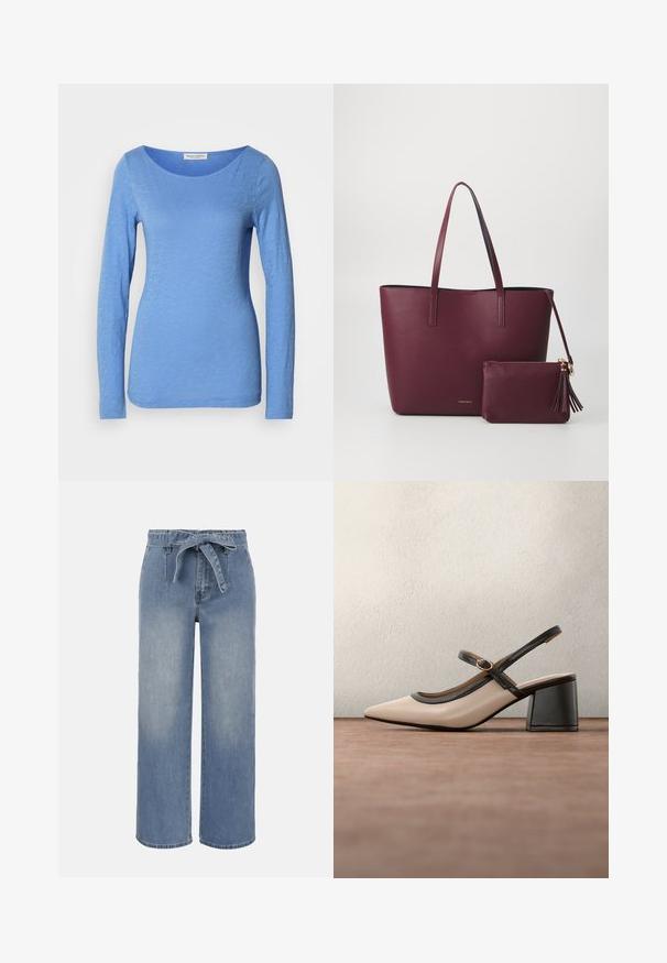 Langærmet T-shirt med rund hals i lys blå, lavet af blødt, tekstureret stof. Har et subtilt meleret mønster med en tætsiddende silhuet.; Lyseblå jeans med høj talje og vide ben, udstyret med et bundet stofbælte og forlommer, med en let falmet vaskeeffekt.; Beige høje hæle slingback-sko med spids tå, sort kant og spænde detalje. Glat materiale med mat finish, mellemstor blokhæl.; Bordeaux vegan læder tote taske med to robuste håndtag, har en matchende lynlåspose med frynse detalje. Glat, tekstureret overflade.