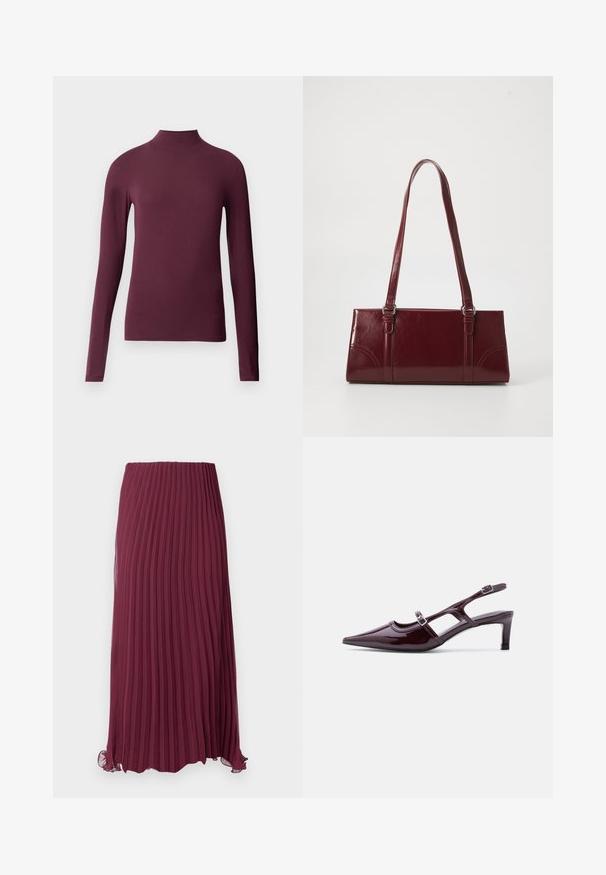 Burgunderfarbene Longsleeve-Turtleneck-Bluse aus glattem, dehnbarem Stoff. Figurnaher Schnitt mit hohem Kragen und ohne sichtbare Nähte.; Langer, bordeauxfarbener, plissierter Rock aus leichtem Stoff mit elastischem Taillenbund und leicht gerafftem Saum. Strukturierte, vertikale Falten im gesamten Rock.; Bordeauxfarbener Slingback-Schuh aus Lackleder mit spitzer Zehenpartie, niedrigem Absatz und doppelten verstellbaren Schnallenriemen.; Burgunderfarbene Handtasche aus glänzendem Material, rechteckige Form, mit zwei Schulterriemen und subtilen, geschwungenen Akzenten an der Vorderseite.