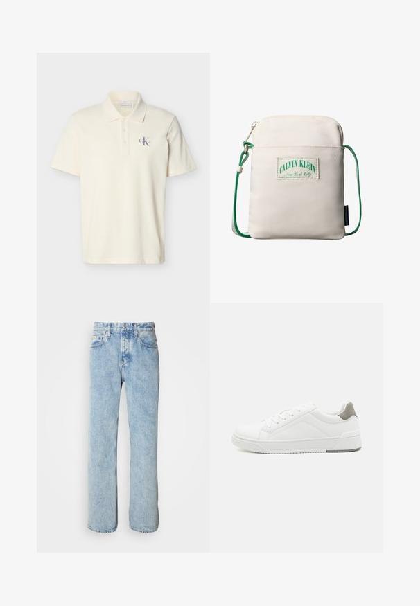 Krémovo sfarbené polo tričko s krátkym rukávom, golierom, tromi gombíkmi a malým fialovým logom "Calvin Klein" na ľavej strane hrude.; Svetlomodré riflové nohavice s rovným strihom, dizajnom s piatimi vreckami a viditeľným šitím. Klasický pás so zapínaním na gombík.; Biele tenisky z hladkej koženej tkaniny, zaoblenou špičkou, minimalistickým dizajnom, sivým akcentom na päte a textúrovanou gumovou podrážkou.; Malá béžová kabelka cez rameno so zeleným nastaviteľným kordónovým popruhom, predným vreckom na zips a záplátkou s logom Calvin Klein New York City.