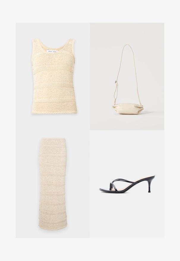 Débardeur tricoté sans manches de couleur crème avec un motif à rayures horizontales texturé et un col rond.; Jupe midi tricotée en beige clair avec des rayures texturées horizontales. Silhouette ajustée, tissu doux et ourlet légèrement ouvert en bas.; Sandale à talon en cuir verni noir avec fines lanières croisées et talon aiguille moyen et élancé sur fond blanc.; Petit sac bandoulière en cuir beige avec sangle ajustable, présenté sur un fond clair uni.