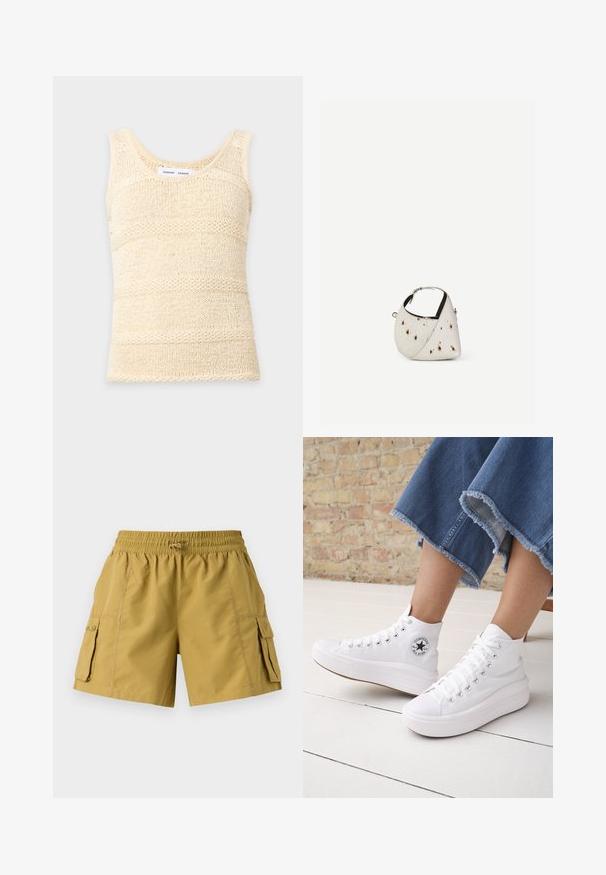 Gebreide, mouwloze tanktop in crèmekleur met een gestructureerd horizontaal streeppatroon en een ronde halslijn.; Korte cargo shorts in kaki met een elastische tailleband, trekkoord en twee zijzakken. Gemaakt van lichte stof met een gladde textuur.; Persoon draagt witte hoge Converse-sneakers met dikke zolen en korte jeans met rafelige zoom tegen een bakstenen muur en witte vloer.; Kleine witte handtas met bruine vlekken, afgeronde driehoekige vorm, zwarte binnenvoering en korte verstelbare band met zilveren gesp.