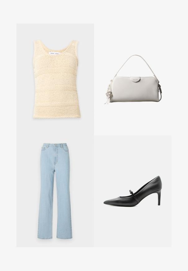 Débardeur tricoté sans manches de couleur crème avec un motif à rayures horizontales texturé et un col rond.; Jean en denim bleu clair taille haute avec une coupe décontractée, jambes larges et design classique à cinq poches. Fait avec un bouton en métal et une fermeture éclair.; Escarpin noir en cuir à bout pointu avec une fine bride et une boucle sur le cou-de-pied, posé sur un fond clair neutre.; Sac à main rectangulaire blanc Calvin Klein avec une seule poignée, design minimaliste et pampilles décoratives avec un charm métallique géométrique sur le côté.