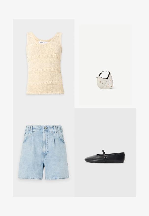 Ärmelloses, cremefarbenes, gestricktes Tanktop mit strukturiertem horizontalem Streifenmuster und rundem Ausschnitt.; Helle blaue Jeansshorts mit hoher Taille, ausgestattet mit vorderen Falten, zwei seitlichen Taschen und einem Knopfverschluss. Weich, strukturiertes Material.; Schwarze Leder-Ballettschuhe mit spitzem Schuhzeug, flacher Sohle und einem kleinen Riemen mit silberner Schnalle.; Kleine weiße Handtasche mit braunen Flecken, abgerundete dreieckige Form, schwarze Innenfutter und kurzer verstellbarer Riemen mit silberner Schnalle.
