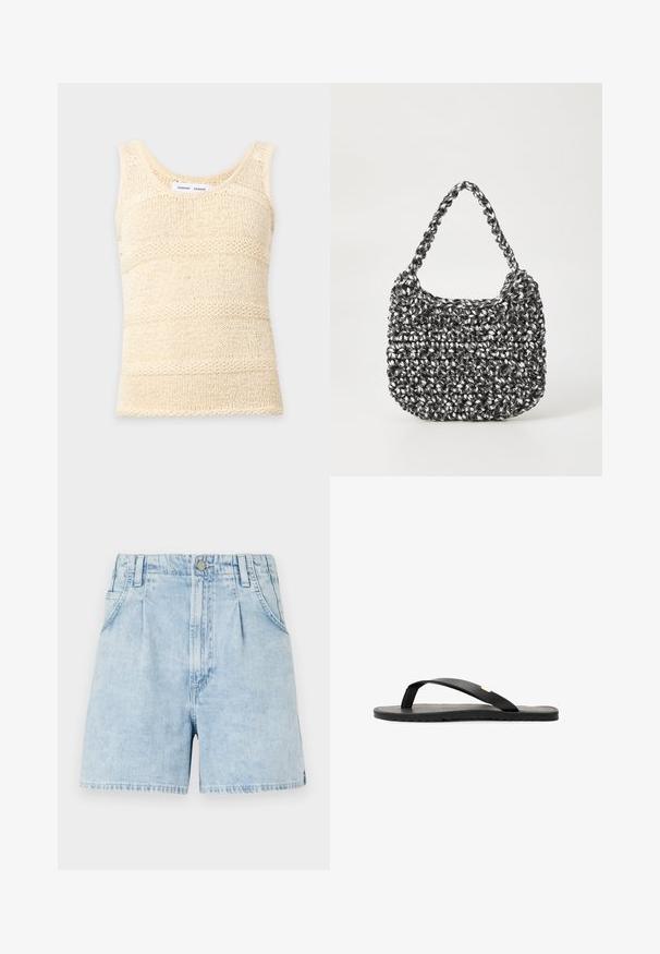 Ärmelloses, cremefarbenes, gestricktes Tanktop mit strukturiertem horizontalem Streifenmuster und rundem Ausschnitt.; Helle blaue Jeansshorts mit hoher Taille, ausgestattet mit vorderen Falten, zwei seitlichen Taschen und einem Knopfverschluss. Weich, strukturiertes Material.; Schwarze Flip-Flop-Sandale mit flacher Sohle, strukturiertem schwarzen Fußbett, glatten Riemen und einem kleinen goldenen Akzent nahe dem Zehensteg.; Gewebte Handtasche in Schwarz und Weiß mit runder Form, strukturiertem Oberflächenfinish und geflochtener Grifffläche. Geeignet für den lässigen Gebrauch.