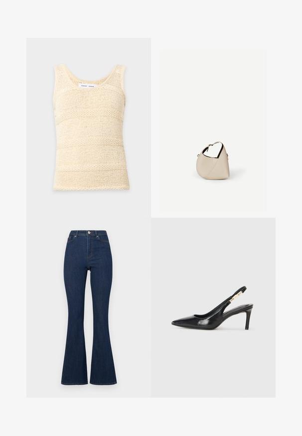 Kremfarvet ærmeløs strikket tanktop med tekstureret horisontalt stribet mønster og rund halsudskæring.; Mørkeblå denim flared jeans med høj talje, der har lynlås og knap samt diskret syninger langs sømmene.; Sort læder slingback højhælede sko med spidse tæer, glat overflade og en smal ankelrem med guldfarvede hardware detaljer.; Beige læder håndtaske i halvmåneform med en enkelt skulderrem og minimal syning, sat mod en ensartet hvid baggrund.