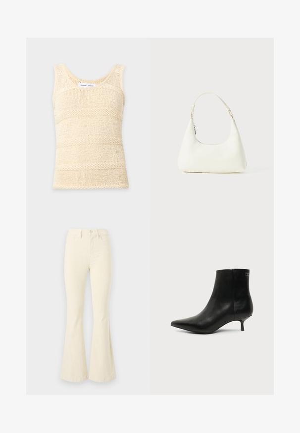 Ärmelloses, cremefarbenes, gestricktes Tanktop mit strukturiertem horizontalem Streifenmuster und rundem Ausschnitt.; Cremfarbene, ausgestellte Jeans aus Baumwolle mit hoher Taille, Knopfverschluss und klaren Linien ohne sichtbare Muster oder Akzente.; Schwarzer Leder-Knöchel-Stiefel mit spitzer Spitze und niedrigem Kittenabsatz vor hellem Hintergrund, seitliche Ansicht.; Kleine weiße Schultertasche mit einem verstellbaren Tragegurt und einem Reißverschluss, vor einem schlichten weißen Hintergrund.