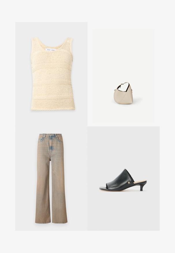 Ärmelloses, cremefarbenes, gestricktes Tanktop mit strukturiertem horizontalem Streifenmuster und rundem Ausschnitt.; Helle, weit geschnittene Jeans mit hoher Taille, aus Denim gefertigt. Verfügt über dezente Nähte und fünf Taschen, mit einer leicht verblassten Textur.; Schwarze Leder-Pantoletten mit offenen Zehen und niedrigem Absatz. Sie verfügen über eine glatte Oberfläche und ein goldenes Logo-Detail an der Seite.; Beige Ledertasche in Halbmondform mit einem einzelnen Schulterriemen und minimaler Nahtgestaltung, vor einem schlichten weißen Hintergrund.