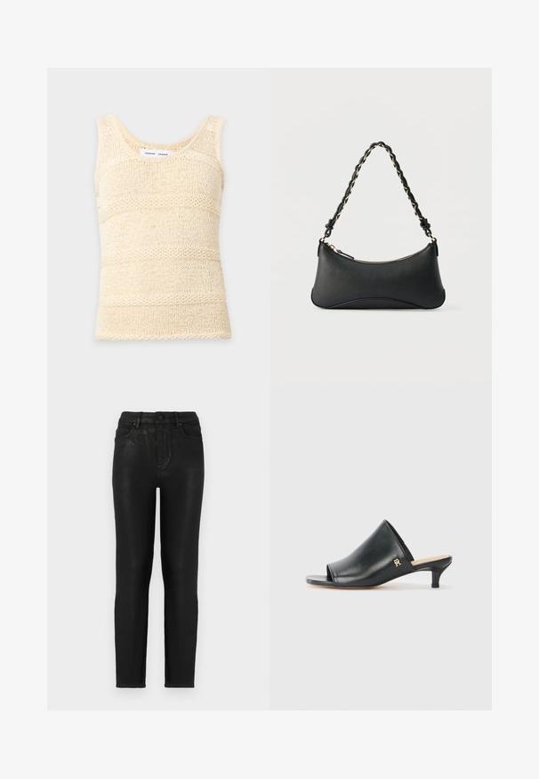 Kremfarvet ærmeløs strikket tanktop med tekstureret horisontalt stribet mønster og rund halsudskæring.; Sorte denim jeans med slim fit, der har høj talje, klassisk fem-lomme design og en subtil glans-struktur. Standard frontknaplukning.; Sorte læder open-toe mules med en lav hæl. Har en glat overflade og et guld logo-prim på siden.; Sort skuldertaske i læder med en buet rektangulær form, gyldent kæde vævet ind i en flettet sort rem og toplynlås.