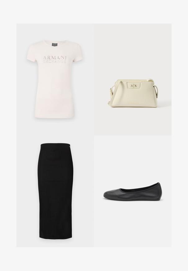 Lyserød kortærmet T-shirt med et præget logo "ARMANI EXCHANGE" i metallisk finish. Blødt stof, klassisk rund halsudskæring, tætsiddende pasform.; Sort pencilnederdel lavet af glat stof, med en tætsiddende silhuet, knælængde og et lille brandlogo nær taljen.; Sort læderballetsko med rund tå, glat tekstur, minimal syning og et fleksibelt såldesign.; Cremefarvet læderhåndtaske med en struktureret design, A|X-logoet på forsiden, og en skulderrem for alsidige bærmuligheder.