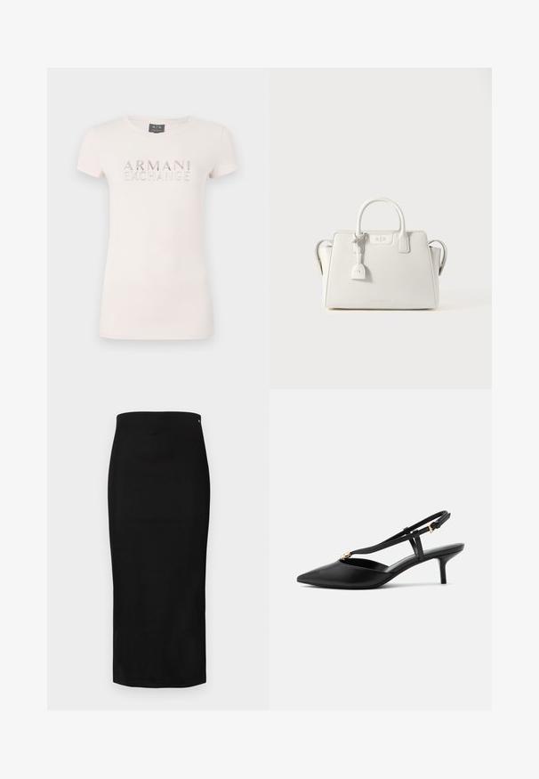 T-shirt rose clair à manches courtes avec un logo en relief "ARMANI EXCHANGE" en accents métalliques. Tissu doux, encolure ronde classique, coupe ajustée.; Jupe crayon noire en tissu lisse, présentant une silhouette ajustée, une longueur au genou, et un petit logo de marque près de la ceinture.; Escarpin slingback en cuir noir à petit talon kitten, bout pointu, fine bride en T, boucle réglable et petite décoration dorée sur la bride.; Sac à main en cuir blanc avec une forme structurée, deux poignées supérieures, des accents métalliques et un détail de logo. Design minimaliste avec étiquette assortie.