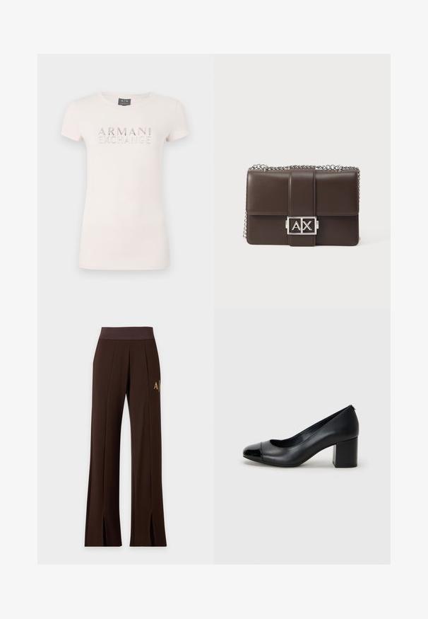 Ροζ κοντομάνικο T-shirt με υψωμένο λογότυπο "ARMANI EXCHANGE" σε μεταλλικές αποχρώσεις. Μαλακό ύφασμα, κλασική στρογγυλή λαιμόκοψη, εφαρμοστή γραμμή.; Σκούρο καφέ παντελόνια με φαρδιά μπατζάκια, ελαστική μέση, μπροστινές ραφές, λογότυπο στο πλάι και ανοίγματα στο τελείωμα μπροστά.; Μαύρη δερμάτινη γόβα με γυαλιστερό μαύρο καπάκι και χοντρό τακούνι. Λείος υφής και στρογγυλεμένος σχεδιασμός με μια διακριτική άνοιγμα μπροστά.; Σκούρος καφέ δερμάτινος ώμος τσάντα με ασημένιο λουράκι αλυσίδα και ασημένια αγκράφα με το λογότυπο "AX" στην μπροστινή πτέρυγα.