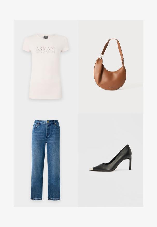 Helles rosa T-Shirt mit kurzen Ärmeln, das ein erhabenes Logo "ARMANI EXCHANGE" in metallischen Akzenten zeigt. Weicher Stoff, klassischer Rundhalsausschnitt, figurbetonte Passform.; Blaue hochgeschnittene Jeans mit geradem Bein, aus Denim, mit fünf Taschen und goldfarbenen Hardware-Details.; Schwarzer Lederschuh mit hohem Absatz, spitz zulaufender Zehenpartie und metallischer silberner Spitze. Verfügt über eine glatte Oberfläche und einen schlanken 10 cm hohen Absatz.; Braune Lederschultertasche in Halbmondform mit verstellbarem Riemen und kleinem silbernem Logo-Schriftzug unten in der Mitte.