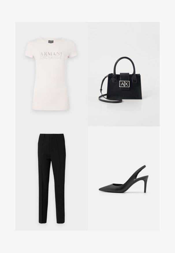 T-shirt rose clair à manches courtes avec un logo en relief "ARMANI EXCHANGE" en accents métalliques. Tissu doux, encolure ronde classique, coupe ajustée.; Pantalon noir à coupe slim, doté d'une fermeture à bouton, de deux poches latérales et d'une texture de tissu lisse. Des rayures verticales sont visibles.; Escarpins à talon aiguille en cuir noir, avec un design à bout pointu, présentant une découpure à l'avant et un talon fin.; Sac à main en cuir noir avec un design structuré, des poignées supérieures et une bandoulière amovible. Présente une plaque logo en ton argent et une texture lisse.