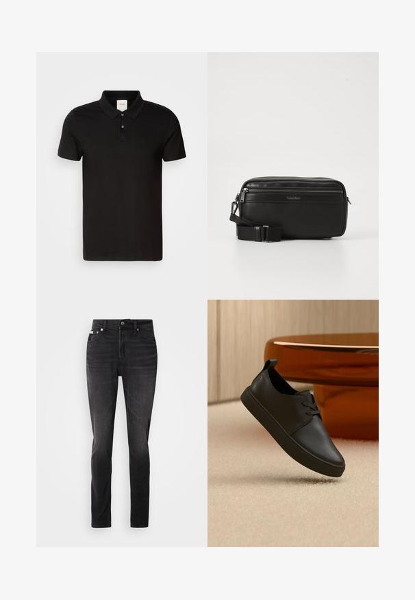 Zwarte polo met een gladde stof en een klassieke kraag. Bevat twee knopen bij de hals, korte mouwen en een subtiel logo op de borst.; Zwarte denim jeans met een slim fit, vijf zakken ontwerp en knoopsluiting. Kenmerkt zich door een subtiele vervaging en stikselaccenten op de zakken.; Zwarte leren casual sneaker met veters, zwevend boven een beige tapijt, met een amberen glazen ronde tafel op de achtergrond.; Zwarte leren schoudertas met een ritsvak, gestructureerd oppervlak, verstelbare schouderband en Calvin Klein-logo op de voorkant.