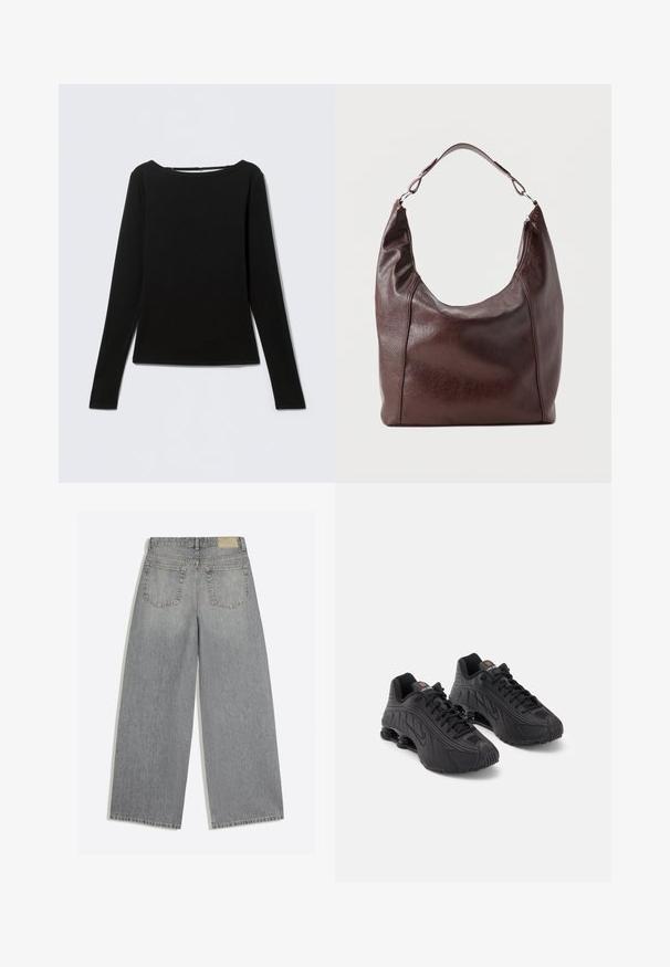 Zwart, getailleerd, langarmig shirt met een ronde hals, plat uitgestald op een lichtgrijze achtergrond.; Grijze wijde denim jeans met achterkant met twee zakken en riemlussen plat op een witte achtergrond gelegd.; Zwarte sportschoenen met een glad synthetisch bovenwerk, getextureerde accenten, vetersluiting en zichtbare veerkrachtige demping bij de hiel.; Donkerbruine leren schoudertas met een enkele verstelbare band, een licht gebogen bovenkant en een ritssluiting aan één kant.