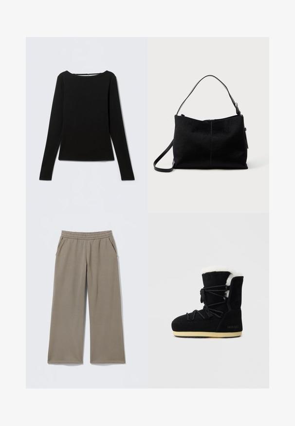 Haut noir ajusté à manches longues avec un col rond, présenté à plat sur un fond gris clair.; Pantalons taupe à jambes larges avec taille élastique et poches latérales, posés à plat sur un fond clair.; Botte en suede noire avec une doublure en fourrure blanche, présentant un laçage à l'avant, un support de cheville rembourré et une semelle en caoutchouc pour l'adhérence.; Sac à bandoulière noir avec une surface lisse et texturée, doté d'une seule sangle et d'une fermeture éclair en haut. Forme rectangulaire compacte.