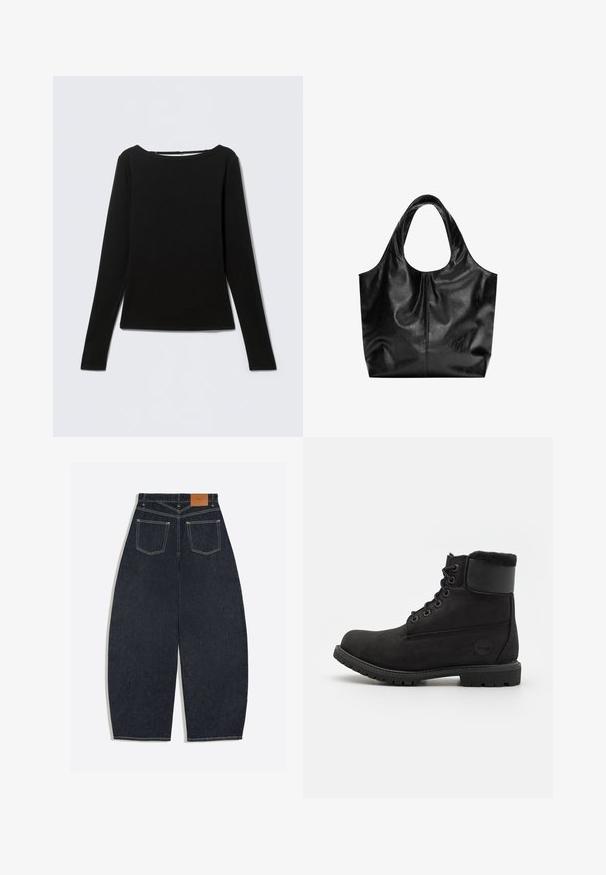 Zwart, getailleerd, langarmig shirt met een ronde hals, plat uitgestald op een lichtgrijze achtergrond.; Donkerblauwe denim jeans met wijde pijpen, gezien van achteren met twee opgestikte zakken en een bruin leren merklabel op de tailleband.; Zwarte leren enkelaars met een ronde neus, vetersluiting aan de voorkant, neppelzen kraag en rubberen zool. Beschikt over een merklogo aan de zijkant.; Zwarte leren tote bag met een gladde textuur, een zachte ronde bovenkant en brede handvatten. Kenmerkt zich door minimale stiksels en een slungelige silhouet.