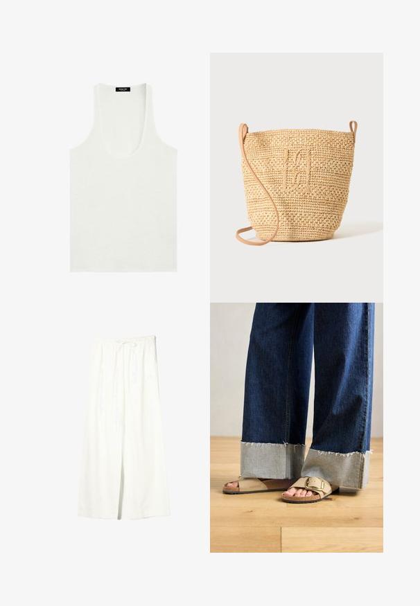 Witte mouwloze tanktop met een ronde hals, minimalistische stijl en een Massimo Dutti-merklabel aan de binnenkant van de kraag.; Witte linnen broek met brede pijpen, elastische tailleband en trekkoord, voorzien van zijzakken en een voorste split.; Voeten in beige Birkenstock-sandalen met gouden gespen, gecombineerd met donkerblauwe denimspijkerbroeken die bij de boorden opgerold zijn, staande op een houten vloer.; Gevlochten strooien bucket bag met een gestructureerd patroon en leren riem, rechtopstaand weergegeven op een egale lichte achtergrond.