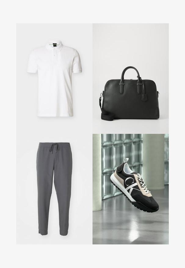 Hvid kortærmet poloshirt med to-knaps åbning, ribstrikket krave og manchetter, diskret logo på brystet, vist mod en ensfarvet baggrund.; Grå joggebukser lavet af glat stof, med elastisk talje og snøre, tætsiddende ben og sidelommer.; Sort og beige sneaker med hvide snørebånd og logo, svævende over en poleret grå gulv med glas mursten væg i baggrunden.; Sort læderhåndtaske med struktureret overflade, dobbelte top-håndtag, aftagelig rem, sølvfarvede metaldele og et lille vedhæng.