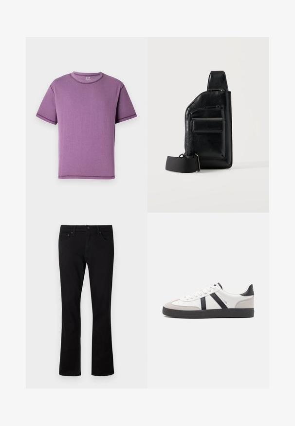 Camiseta de manga corta morada hecha de algodón suave, con cuello redondo y costuras en contraste a lo largo de las costuras.; Jeans de mezclilla negra con un diseño de pierna recta, estilo de cinco bolsillos y detalles de costura sutiles. El material es suave con un acabado mate.; Zapatilla blanca con acentos en negro y gris, que presenta una puntera texturizada en gris, suela de goma negra y cordones planos blancos. Diseño limpio, estilo minimalista.; Bolso bandolera de cuero negro con dos compartimentos con cremallera, un bolsillo frontal con solapa y una correa de tela ajustable sobre fondo blanco.