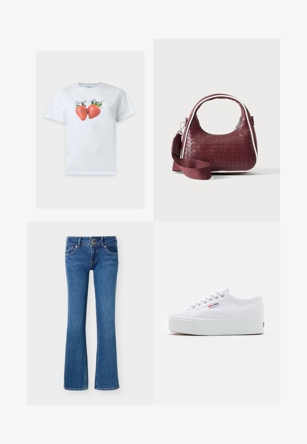 Weißes T-Shirt mit kurzen Ärmeln, zwei großen Erdbeeren und dem Text "Sweet Mood" auf der Vorderseite mittig gedruckt.; Blaue Denim-Bootcut-Jeans mit Doppelknopfverschluss, Vorder- und Gesäßtaschen sowie Standard-Nähdetails.; Weiße Leinenschuhe mit einer dicken weißen Plattformsohle, runder Zehenpartie und Metallösen für die Schnürsenkel. Markenlogo an der Seite angebracht.; Dunkelrote gewebte Ledertasche mit gebogenem Griff, weißem Besatz, silbernem Reißverschluss und abnehmbarem breitem Stoff-Schulterriemen vor einfarbigem Hintergrund.