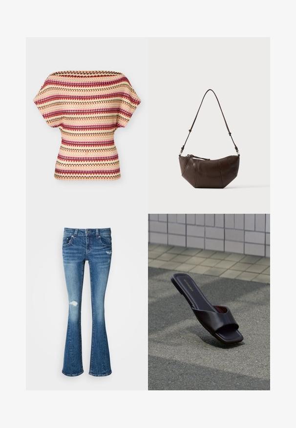 Strik top med korte ærmer med horisontale striber i pink, creme, brun og orange, med et struktureret åbent strikmønster og en bred udskæring.; Blå denim flared jeans med en mellemhøj talje, slidte detaljer på knæene og en glat, struktureret overflade gennemgående.; Mørkebrun sandal med åben tå, firkantet tå og bred rem, hvilende på grå asfalt nær flisebelagt fortov.; Brun læder skuldertaske med buet bund og justerbar rem mod en ensfarvet lys baggrund.
