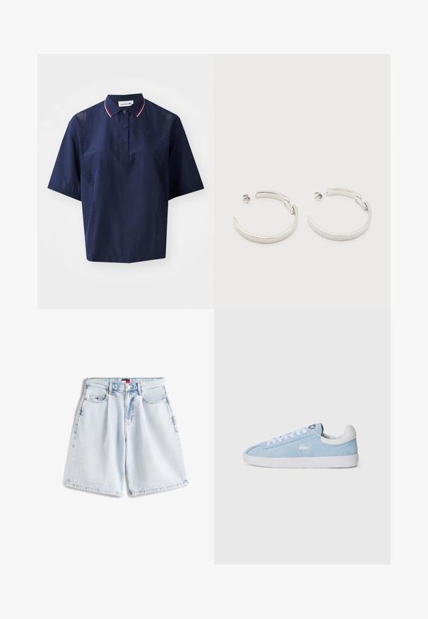 Dunkelblaues kurzärmliges Poloshirt mit Knopfleiste, kontrastierendem Kragen mit roten und weißen Akzenten sowie perforierten Seitenteilen für Atmungsaktivität.; Hellblaue Jeansshorts mit vorderem Knopf und Reißverschluss, fünf Taschen und dezentem Markenlogo auf der kleinen Fronttasche.; Himmelblaue Wildledersneaker mit weißen Schnürsenkeln und Gummisohle. Mit einem kleinen silbernen Logo an der Seite und einer weißen Leder-Fersenkappe.; Ohrstecker in Silberoptik, halbkreisförmig mit geriffelter Textur und Steckverschlüssen, auf weißem Hintergrund.