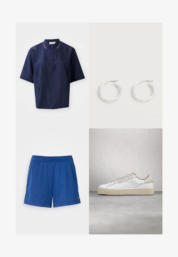 Polo shirt à manches courtes bleu marine avec fermeture à boutons, col contrasté avec des accents rouges et blancs, et panneaux latéraux perforés pour la respirabilité.; Shorts de sport bleus en tissu léger avec une taille élastique, dotés de poches latérales et d'un petit logo près de l'ourlet.; Sneaker en cuir blanc avec une finition lisse, accents en suède beige, bout arrondi, design à lacets plats et semelle en caoutchouc texturée.; Paire de boucles d'oreilles créoles moyennes argentées brillantes avec de fines attaches métalliques sur un fond clair et neutre.