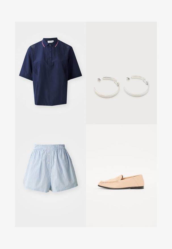 Polo shirt à manches courtes bleu marine avec fermeture à boutons, col contrasté avec des accents rouges et blancs, et panneaux latéraux perforés pour la respirabilité.; Shorts rayés bleus et blancs en tissu léger, avec une taille élastique et deux boutons à l'avant.; Mocassins en cuir beige avec des détails brodés, une semelle noire plate et un bout arrondi. Design minimaliste sans quincaillerie ou accents visibles.; Boucles d'oreilles demi-cercles ton argent avec texture striée et fermoirs à pression sur fond blanc.
