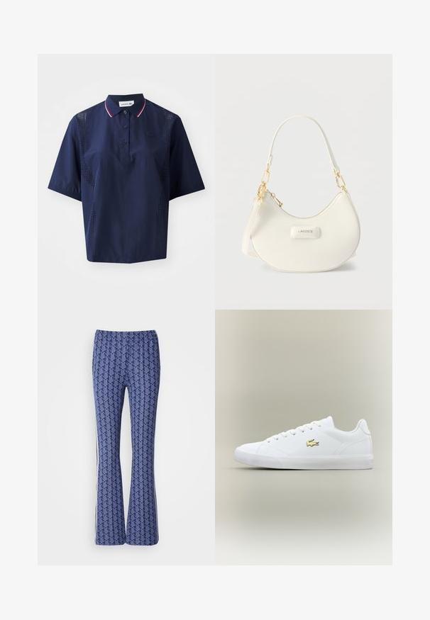 Marineblauwe polo met korte mouwen en knoopsluiting, contrasterende kraag met rode en witte accenten, en geperforeerde zijpanelen voor ademend vermogen.; Blauwe, gepatineerde broek met een geometrisch ontwerp, elastische tailleband en witte strepen aan de zijkanten. Glad oppervlak overal.; Witte sneaker van glad leer met een ronde neus, platte veters en een klein gouden logo. Heeft een gestructureerde rubberen zool en een eenvoudig ontwerp.; Witte schoudertas in halvemaanvorm met hardware in goudkleur, ritssluiting en "LACOSTE"-logo op het voorpaneel.