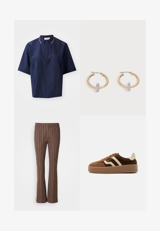 Mørkeblå kortærmet polo shirt med knaplukning, kontrasterende krave med røde og hvide detaljer samt perforerede sider for åndbarhed.; Brune mønstrede flared bukser med et struktureret design og sidelange striber. Elastisk talje for komfort.; Brun ruskind sneaker med beige striber, beige hælkappe, tyk gummisål og snørelukning, sidevisning på ensfarvet baggrund.; Par guldtonede hoop øreringe med lille sølvfarvet loop-detalje på hver, vist mod lysegrå baggrund.
