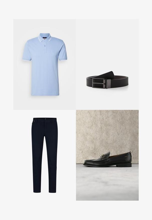 Camisa polo de color azul claro hecha de algodón. Presenta un cierre de tres botóns, cuello acanalado y detalles blancos en las mangas. Parche de logo en el pecho.; Pantalones navy confeccionados en tejido suave, con un corte ajustado, trabillas para cinturón y una cremallera oculta. Sin patrones ni acentos notables.; Mocasín de cuero negro con pieza metálica dorada y logotipo "HUGO", exhibido sobre una alfombra beige y muebles translúcidos marrones.; Cinturón de cuero negro con un acabado liso, que cuenta con una hebilla metálica plateada y doble lengüeta, diseñado para una apariencia elegante y minimalista.