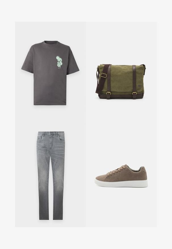 Grå bomulds t-shirt med rund hals, korte ærmer, udstyret med et mintgrønt grafisk design på venstre brystområde.; Grå denim jeans med et falmet design, fem-lommer stil, knaplukning og lige ben. Glat tekstur med let slid ved kanterne.; Brune ruskinds sneakers med flade hvide gummisåler, snørelukning, rund tå og en glat overflade. Minimalistisk stil med diskrete syninger.; Grøn stof messenger taske med brune læderdetaljer, en frontklap, justerbar skulderrem og lynlåslukning på toppen. Har guld hardware.