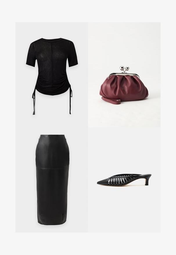 Top noir cintré à manches courtes avec encolure ronde, côtés froncés et liens latéraux réglables, présenté sur un fond clair uni.; Jupe midi en cuir noir avec une silhouette ajustée, texture lisse, taille haute et fermeture éclair discrète sur le côté. Aucun motif ni accent.; Mule en cuir noir avec bout pointu, design découpé à brides et petit talon kitten sur fond blanc.; Petit sac pochette en cuir bordeaux avec fermoir métallique argenté et bracelet sur fond blanc.