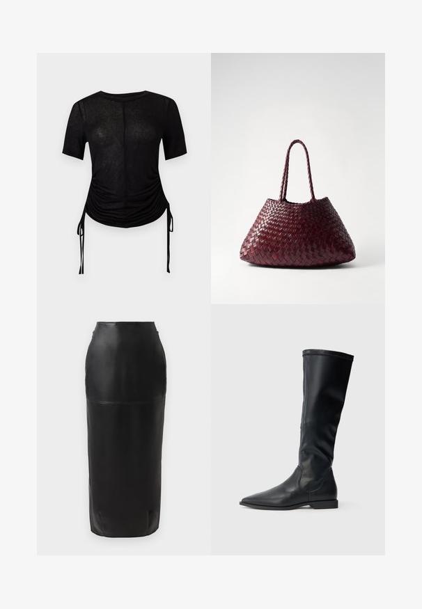 Top noir cintré à manches courtes avec encolure ronde, côtés froncés et liens latéraux réglables, présenté sur un fond clair uni.; Jupe midi en cuir noir avec une silhouette ajustée, texture lisse, taille haute et fermeture éclair discrète sur le côté. Aucun motif ni accent.; Bottes noires hauteur genou en cuir lisse avec un bout pointu et un petit talon bloc. Le design présente une silhouette épurée et des détails minimalistes.; DRAGON DIFFUSION SANTA CROCE BIG - Sac à main - bordo