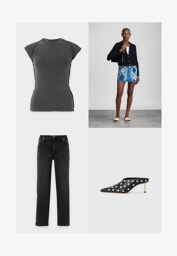 Haut ajusté côtelé gris foncé à manches courtes avec un col rond et des manches épaules légèrement allongées sur fond clair.; Jean en denim noir avec une coupe droite. Comprend une fermeture à bouton, un design à cinq poches et des détails de couture minimes. Texture lisse.; STAND STUDIO KELSEY - Mules à talons - black; Un cardigan en maille noir, un haut blanc, une jupe en denim avec un motif de diamants bleus et noirs, un sac à main noir et des sandales à enfiler beiges.