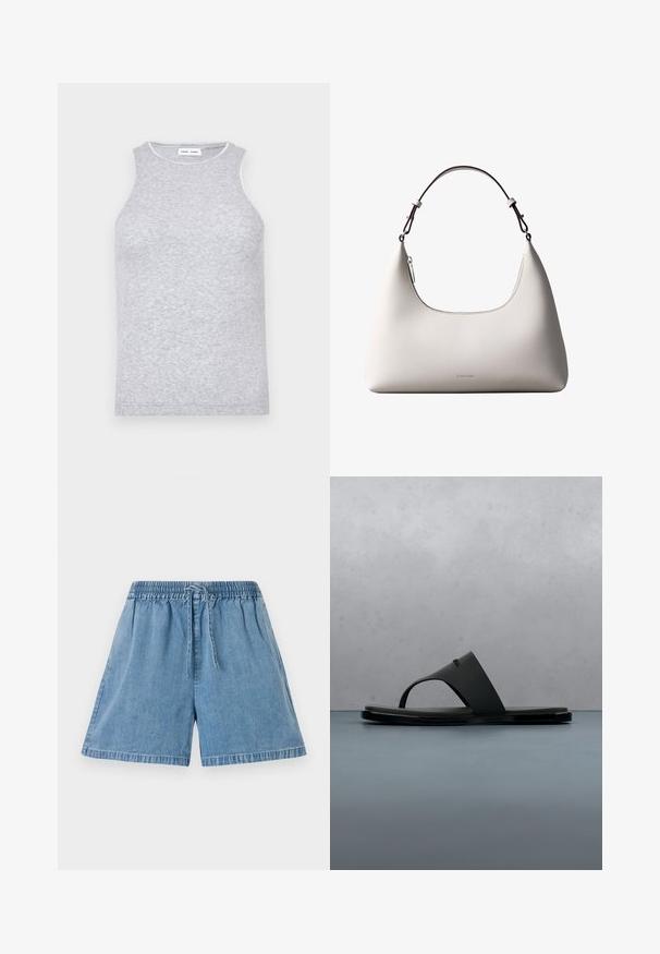 Top sin mangas de color gris, confeccionado en una tela de punto texturizada, con un escote redondo y un ribete en contraste alrededor del cuello.; Pantalones cortos de mezclilla en azul claro con cintura elástica y cordón. Cuentan con bolsillos laterales y un ajuste relajado con dobladillos cosidos.; Sandalia tipo tanga negra de Calvin Klein flotando sobre listones de madera con pequeñas piedras al aire libre, fondo desenfocado de vegetación y pared de concreto.; Bolso de hombro de cuero color crema de Calvin Klein con borde superior curvado, cremallera plateada y correa ajustable marrón oscuro.