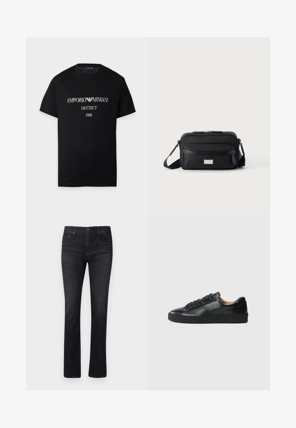Čierne tričko s krátkym rukávom s bielym textom "EMPORIO ARMANI DISTRICT 1981" a krídelným logom medzi slovami.; Tmavé džíny z denimu so strihom rovného nohavice, s klasickým dizajnom piatich vreciek a decentným prešívaním. Tkanina má hladkú textúru.; Čierne kožené tenisky s hladkým povrchom, okrúhlou špičkou a šnúrkami. Majú hrubú gumenú podrážku a minimálne značkové detaily.; Čierna obdĺžniková crossbody kabelka s predným vreckom na zips, nastaviteľným popruhom a striebornou obdĺžnikovou logovo platničkou na jednofarebnom pozadí.
