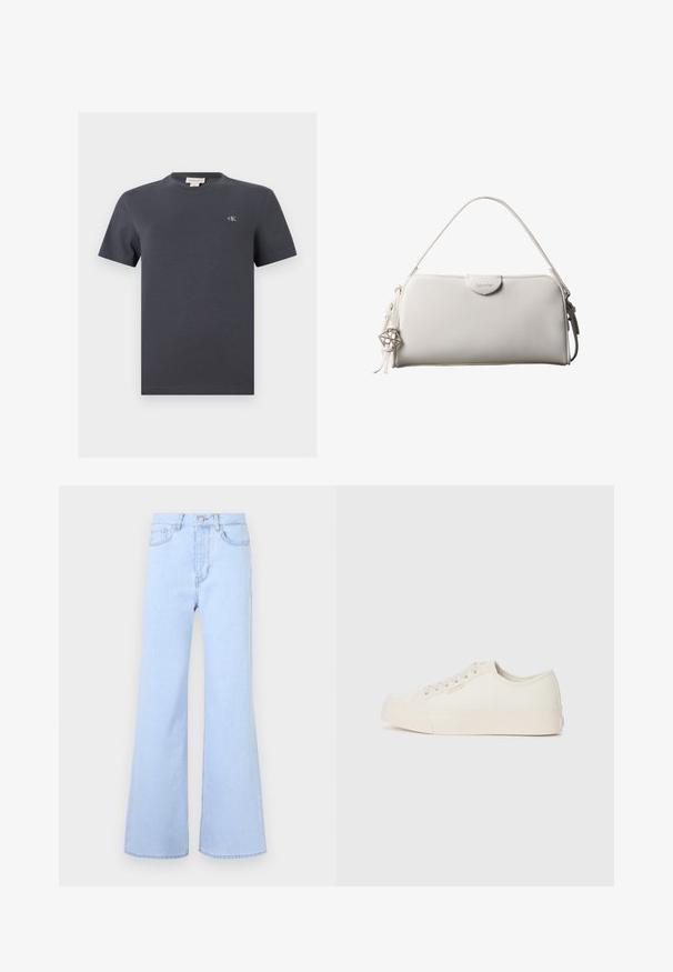 Mørkegrå kortærmet bomuld t-shirt med rund hals og lille hvid "cK" logo på venstre bryst samt mærke indeni kraven.; Lyseblå flagrende jeans med høj talje, der har fem lommer, knaplukning og en glat denimstruktur. Kanten er pænt syet.; Sneakers lavet af off-white canvas, med et low-top design, rund tå og flad gummisål med diskrete syninger.; Hvid rektangulær Calvin Klein håndtaske med enkelt håndtag, minimalistisk design og dekorative kvaster med geometrisk metalvedhæng på siden.