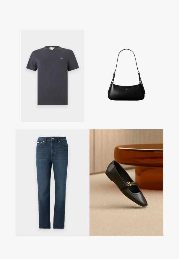 T-shirt en coton gris foncé à manches courtes et col rond, avec un petit logo blanc "cK" sur la poitrine gauche et une étiquette de marque à l'intérieur du col.; Jean en denim bleu foncé avec une coupe droite, poches avant, fermeture par bouton et détails de couture subtils sur la taille.; Chaussure plate en cuir noir avec bout pointu et logo CK doré sur la bride, posée sur un tapis beige près d'une table ronde couleur ambre brun.; Mini sac à bandoulière en cuir noir avec une fine bandoulière et un petit logo CK doré au centre avant.