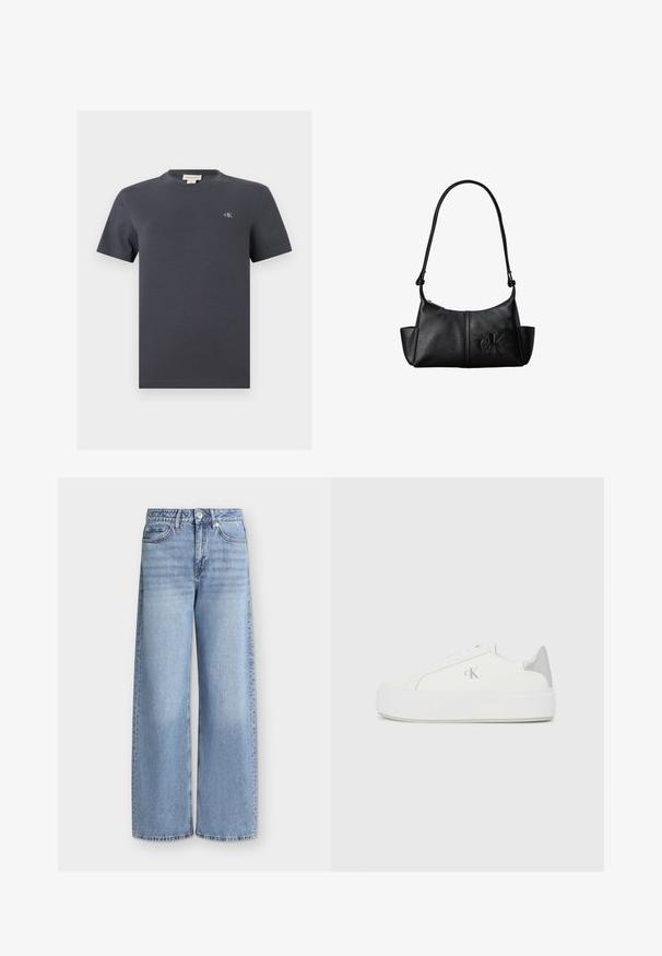 Camiseta de algodón de manga corta y cuello redondo en gris oscuro con pequeño logo blanco "cK" en el pecho izquierdo y etiqueta de marca en el interior del cuello.; Vaqueros de pierna ancha azul claro con bolsillos delanteros, trabillas para cinturón, cierre de botones y detalles desgastados en los muslos.; Zapatillas de lona blancas con una suela blanca gruesa, presentan un acento metálico plateado en el talón y un sutil detalle del logo en el lateral.; Bolso de hombro de cuero negro con correa larga, bolsillos laterales y logo de Calvin Klein en relieve en la parte delantera.