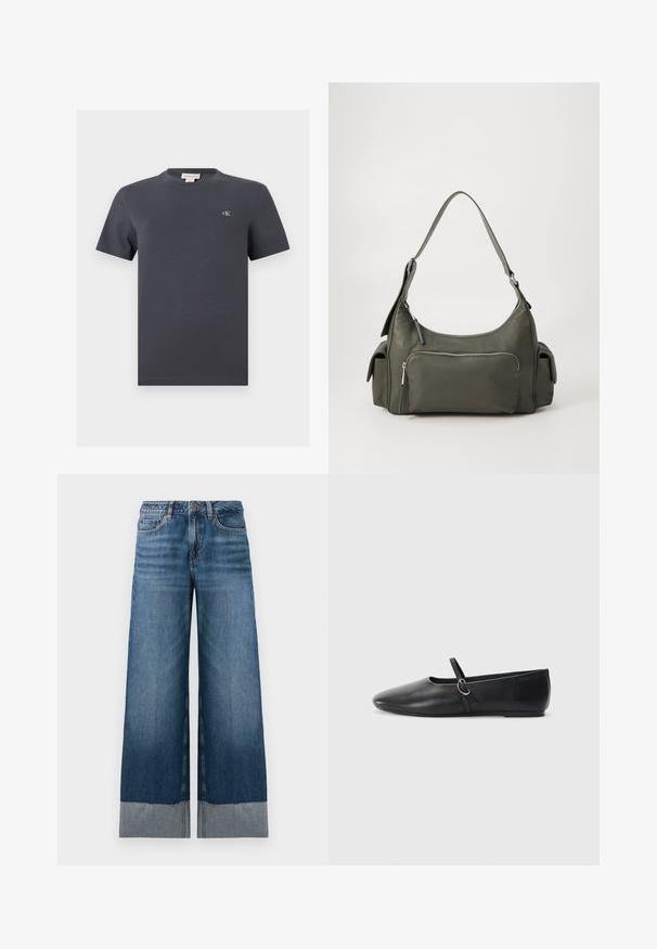 Camiseta de algodón de manga corta y cuello redondo en gris oscuro con pequeño logo blanco "cK" en el pecho izquierdo y etiqueta de marca en el interior del cuello.; Vaqueros de pierna ancha en azul con un degradado de denim oscuro a claro, presentando un dobladillo sin acabar y sutilezas en los detalles de costura. Diseño clásico de cinco bolsillos.; Bailarinas de cuero negro con punta afilada, suela plana y una pequeña correa con detalle de hebilla plateada.; Bolso de hombro de cuero verde con un diseño curvado, bolsillo con cremallera en la parte frontal y bolsillos adicionales en los laterales. Textura suave y hardware minimalista.