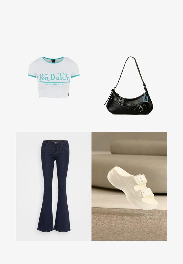 Witte cropped t-shirt met turquoise ribbelkraag en mouwen. Bevat "Von Dutch" in vetgedrukte grafische tekst en "ORIGINALS" eronder. De textuur is glad.; Donkere jeans met flare, een aansluitende taille, een sluiting met een voorbutton, een vijf-pocket ontwerp en naaddetails langs de benen.; Witte slidesandaal met twee verstelbare gespen en een dikke zool, geplaatst voor een beige bank op een gestructureerd tapijt.; Zwarte synthetische handtas met een gebogen vorm, verstelbare schouderriem en decoratieve metalen gespen. Heeft een gladde, glanzende textuur.
