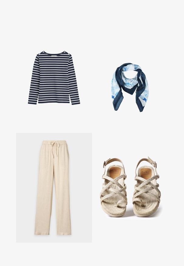 Camiseta de manga larga con rayas horizontales en azul marino y blanco, con cuello redondo, mostrada sobre un fondo blanco.; Pantalones anchos beige con cintura elástica y cordón, hechos de una tela ligera y texturizada.; Sandalias tejidas en color beige con diseño de tiras cruzadas, fabricadas con fibras naturales texturizadas, que cuentan con una suela plana y una correa ajustable en el tobillo.; Pañuelo cuadrado con bordes azul marino y centro blanco con motivos de conchas marinas y hojas azules, doblado ligeramente con puntas puntiagudas.