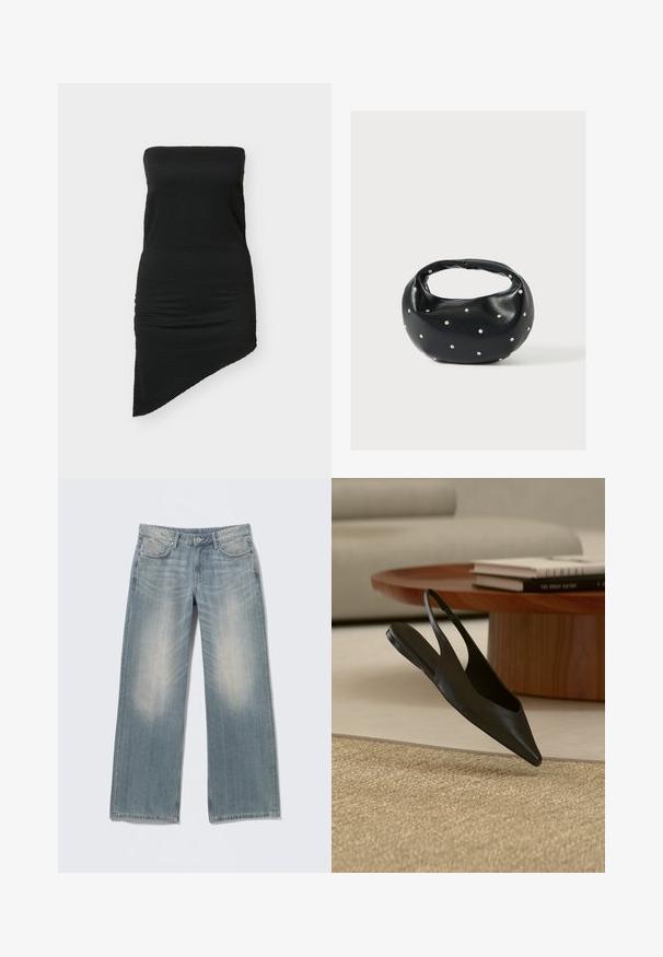 Robe mini noire bustier en tissu texturé avec un ourlet asymétrique, silhouette ajustée.; Jean bleu clair à jambes larges avec une finition délavée, en denim. Comprend des passants pour ceinture, des poches avant et une braguette zippée avec fermeture par bouton.; Chaussure plate noire à bout pointu avec bride arrière près d'une table ronde en bois avec des livres empilés sur un tapis beige dans un salon moderne.; Sac à main en cuir noir de forme arrondie, décoré de clous argentés et équipé d'une poignée courte. Texture lisse et fermeture éclair.