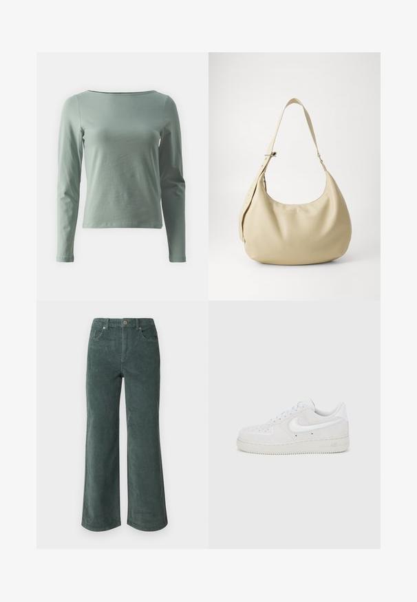 Langærmet skjorte i blødt, lysegrønt bomuld med rund halsudskæring og tætsiddende silhuet med lige kant. Enkel og glat tekstur.; Vero Moda Petite VMTESSA PANTS - Bukser - balsam green; Hvid ruskind Nike Air Force 1-sneaker med tekstureret finish, rund tå og kontrasterende hvid logo-accent, med en gummisål.; Beige læder skuldertaske med en buet form, justerbar rem og præget logo detalje, der har en glat tekstur og minimalistisk design.