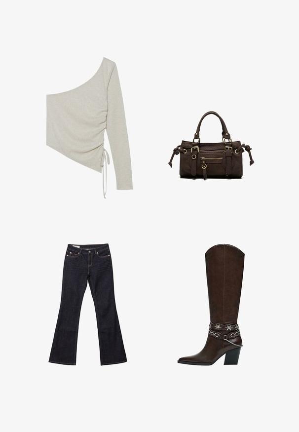 Asymmetrisk top med én skulder i lys beige med en strålende tekstur. Har sidefødder og justerbare bindebånd detaljer ved kanten.; Mørkeblå denim bukser med flared ben, fem lommer, kobbernitter og kontrastsyet. Glat tekstur med en lige, afslappet pasform.; Mørkebrune læderstøvler til knæet med spids tå, mellemhøj blokhæle og dekorative stropper med nitter og sølvkæde rundt om anklen.; Mørkebrun læderhåndtaske med dobbelte håndtag, forreste lynlåslomme, dekorative spænder og sideknuder på hvid baggrund.