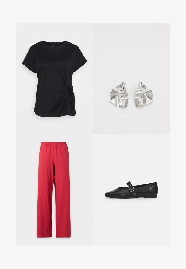 T-shirt noir en coton, avec un col rond, des manches courtes et un détail tordu sur le côté gauche. Texture lisse.; Pantalon droit rouge avec taille élastique, présenté sur un fond gris clair uni.; Chaussure plate en cuir noir avec un bout arrondi, une seule sangle réglable à boucle et une texture lisse et brillante. Design minimaliste avec un petit talon.; Boucles d'oreilles en métal argenté avec un design ondulé et sculptural, présentant une finition polie et des formes irrégulières, mettant en valeur une esthétique contemporaine.